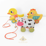 Children's Early Learning Wooden Toys Pull Along Animal Trailer Little Chicken