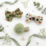 Girls Hair Bows Hair Clips Kids Accessories Set of 3 Ribbon & Pom Pom Green