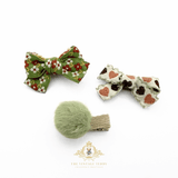 Girls Hair Bows Hair Clips Kids Accessories Set of 3 Ribbon & Pom Pom Green