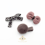 Girls Hair Bows Hair Clips Kids Accessories Set of 3 Ribbon & Pom Pom Purple