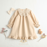 Girls Long Sleeve Lace Bib Collar Peasant Dress Cream