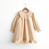 Girls Long Sleeve Lace Bib Collar Peasant Dress Cream