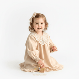 Girls Long Sleeve Lace Bib Collar Peasant Dress Cream