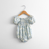 Girls Bohemian Nap Smocking Floral Romper Bubble Cream & Blue