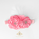 Girls Headband Vintage Floral Beaded Feathered Bubble Gum Pink