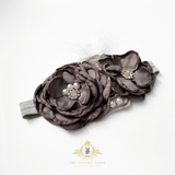 Girls Headband Vintage Floral Beaded Feathered Charcoal Gray