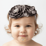 Girls Headband Vintage Floral Beaded Feathered Charcoal Gray
