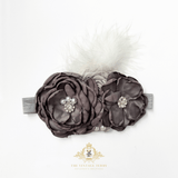 Girls Headband Vintage Floral Beaded Feathered Charcoal Gray