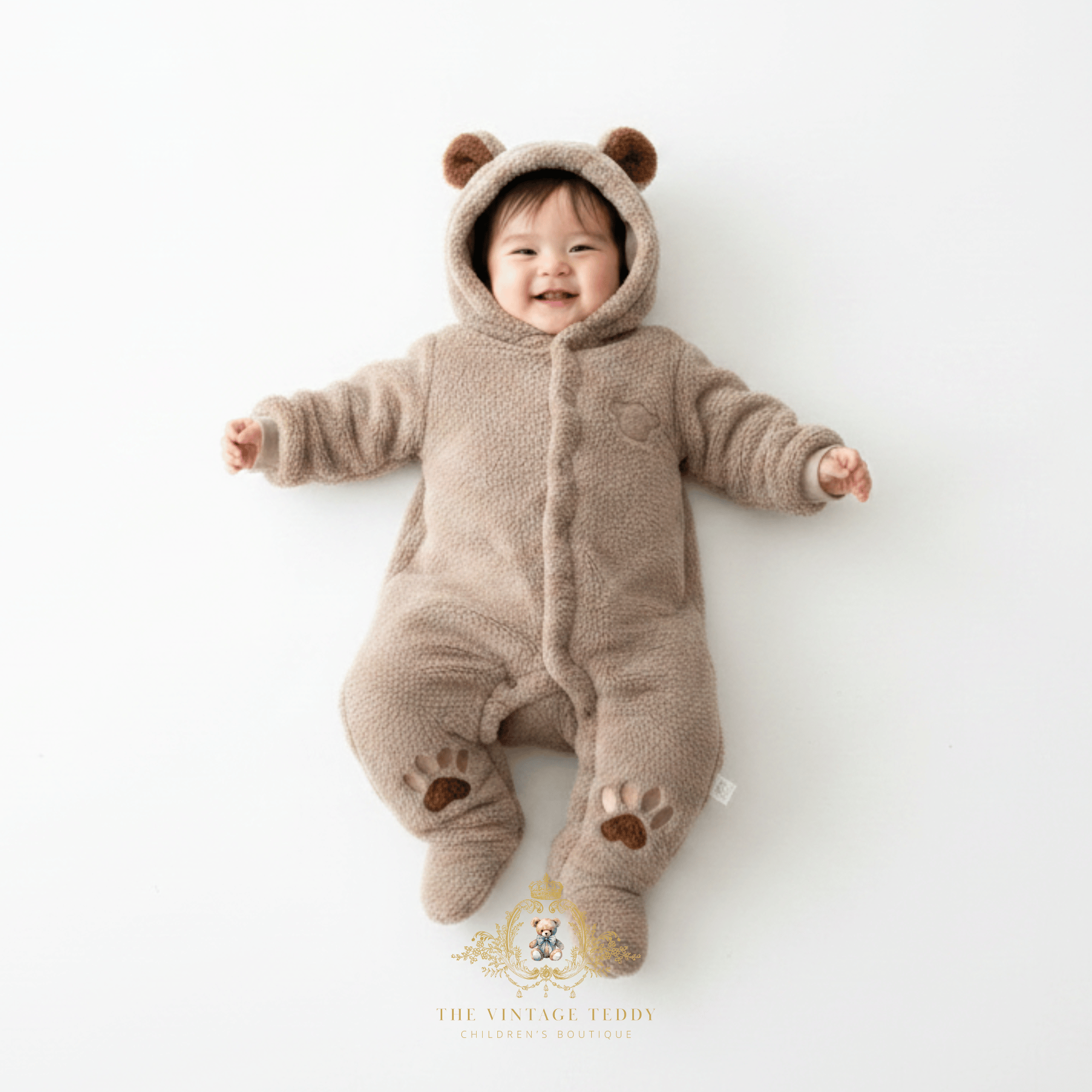 Baby boy lying on his back smiling and wearing a plush brown bear one-piece bodysuit with a hood featuring bear ears and paw-print details on the legs, on a clean white background surface. The Vintage Teddy logo is displayed at the bottom.