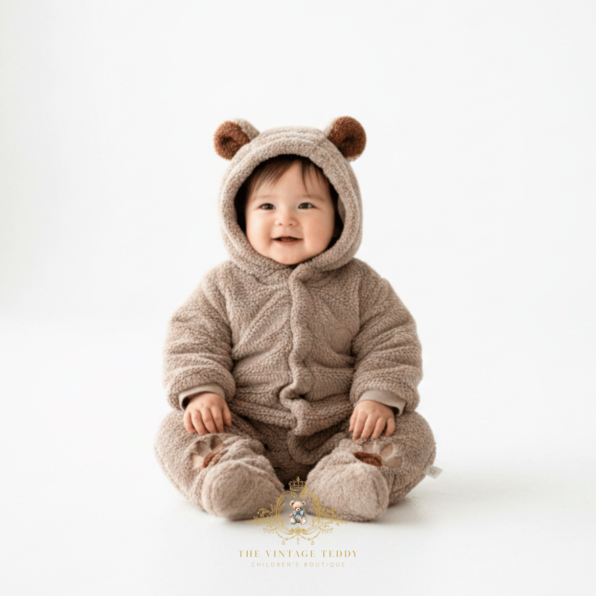 Baby boy sitting wearing a cozy, plush brown hooded one-piece outfit with bear ears on the hood, and footies against a seamless white studio background.