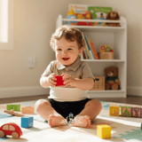 A smiling toddler sitting on a play mat in a bright nursery, wearing a polo style romper,  holding a red toy while surrounded by colorful blocks and toys. A white bookshelf with books and a teddy bear is in the background.