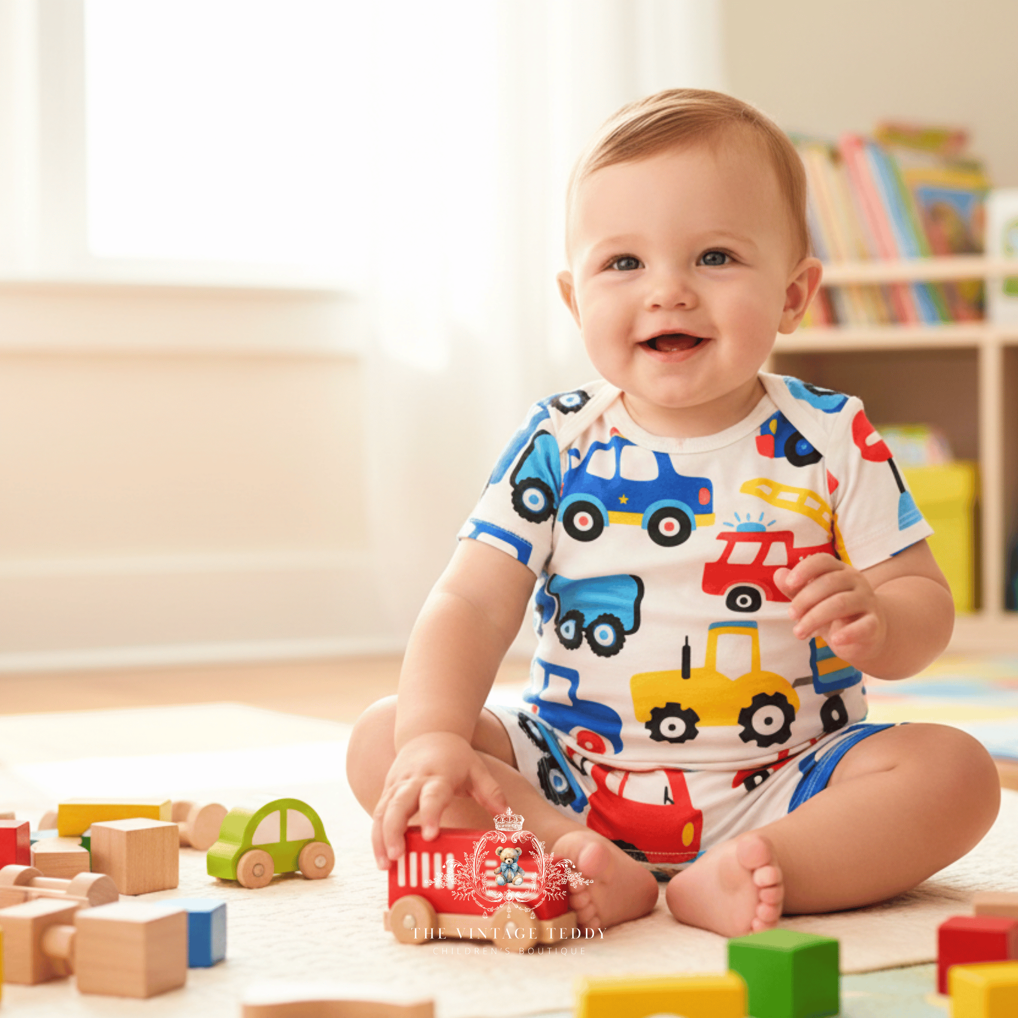 A smiling baby sitting on a light-colored floor mat, wearing a white short-sleeve one-piece bodysuit covered in colorful toy truck prints. The baby is surrounded by wooden blocks and a red toy truck in a bright, softly lit nursery setting.