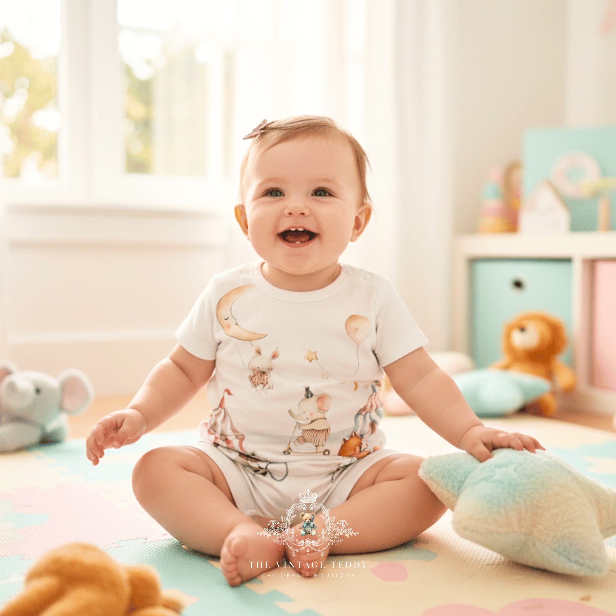 A smiling baby sitting on a pastel play mat in a bright nursery, wearing a white short-sleeve one-piece bodysuit with a whimsical carnival print, with a bunny swinging from the moon, and other animals riding a scooter and bikes, ballon and carnival tents.
