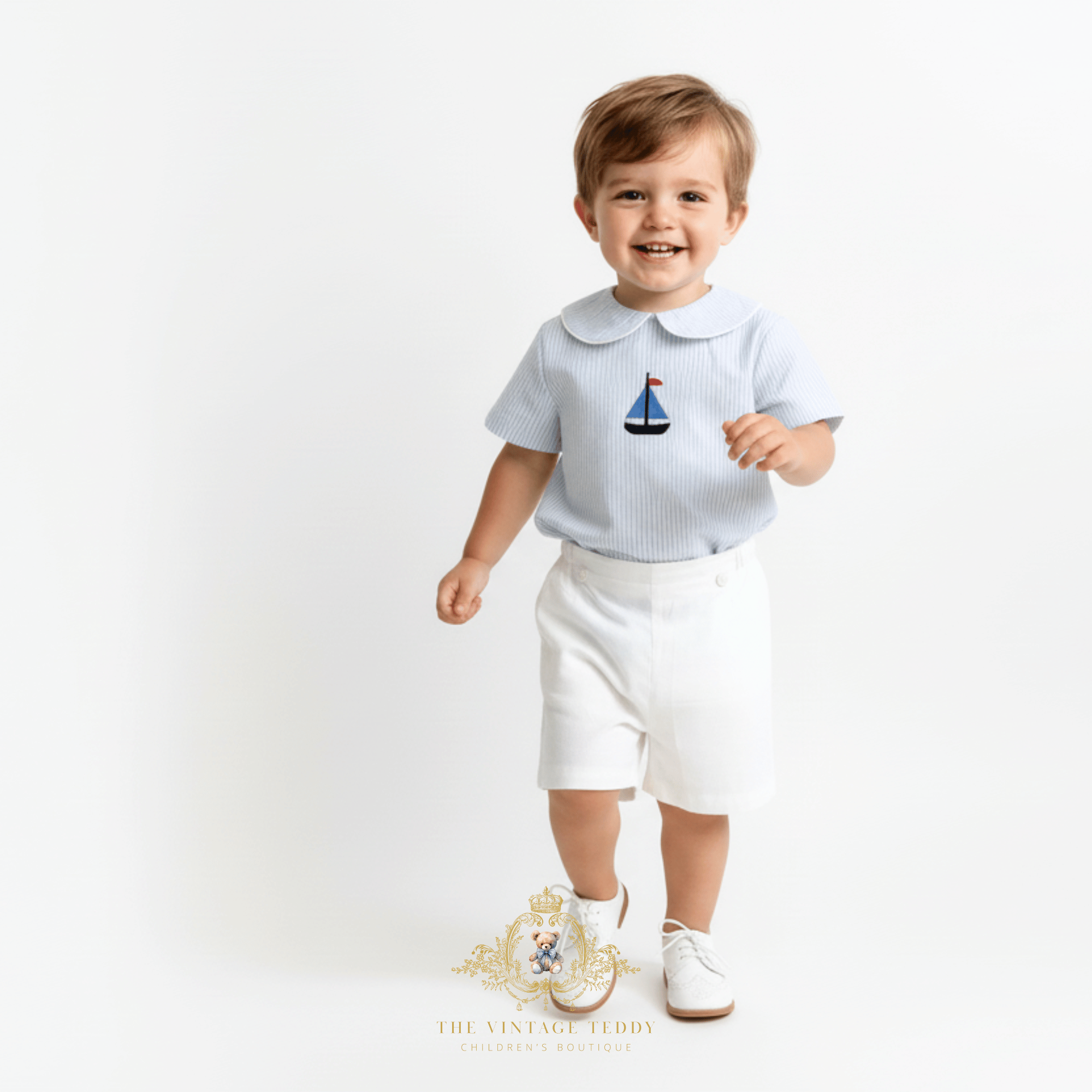 Boys Embroidered Sailboat Dress Shirt & Shorts Set