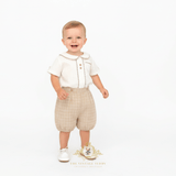 Boys Matching Set Shirt & Bubble Shorts 2 Piece White & Tan