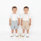 Boys Matching Set Shirt & Bubble Shorts 2 Piece White & Tan