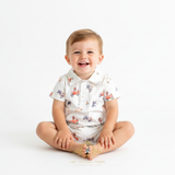 Boys Oxford Short Sleeve One-Piece Romper Shorts Bear & Friends in Cars