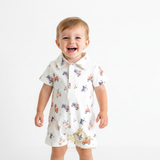 Boys Oxford Short Sleeve One-Piece Romper Shorts Bear & Friends in Cars