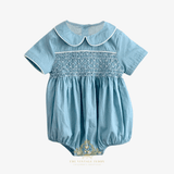 Baby Smocked Embroidered One-piece Romper Bubble Ocean Blue