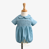 Baby Smocked Embroidered One-piece Romper Bubble Ocean Blue