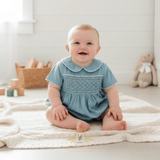 Baby Smocked Embroidered One-piece Romper Bubble Ocean Blue
