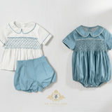 Baby Smocked Embroidered One-piece Romper Bubble Ocean Blue