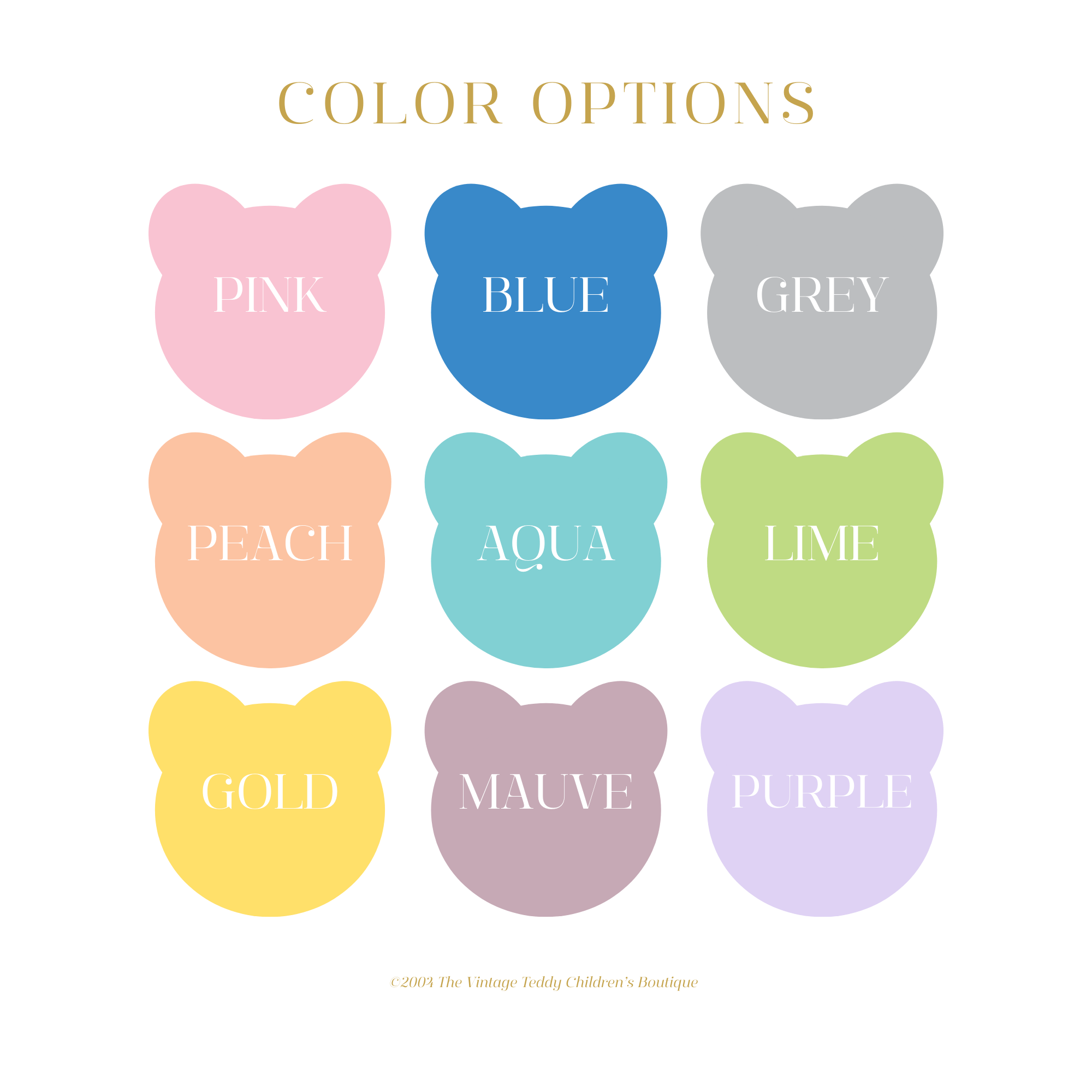 The Vintage Teddy Children's Boutique, color swatches labeled with colors in the shape of teddy bear faces on a white background for personalized monogram baby onesies.