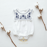 Girls Floral Embroidered Romper Bubble One-Piece White & Navy Blue