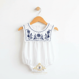 Girls Floral Embroidered Romper Bubble One-Piece White & Navy Blue