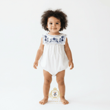 Girls Floral Embroidered Romper Bubble One-Piece White & Navy Blue