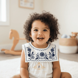 Girls Floral Embroidered Romper Bubble One-Piece White & Navy Blue