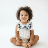 Girls Floral Embroidered Romper Bubble One-Piece White & Navy Blue