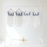 Girls Floral Embroidered Romper Bubble One-Piece White & Navy Blue