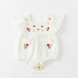 Girls Embroidered Romper Bubble Flowers & Lace Bohemian Wildflowers White