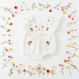 Girls Embroidered Romper Bubble Flowers & Lace Bohemian Wildflowers White
