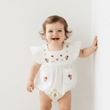 Girls Embroidered Romper Bubble Flowers & Lace Bohemian Wildflowers White