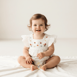 Girls Embroidered Romper Bubble Flowers & Lace Bohemian Wildflowers White