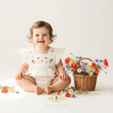 Girls Embroidered Romper Bubble Flowers & Lace Bohemian Wildflowers White
