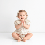 Girls Embroidered Lace Bib Collar Floral Roses Romper Bubble Pink & Cream