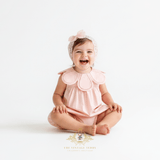 Girls Flower Petal Bib Collar Romper Bubble Peach
