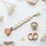 Crochet Macramé Baby Pacifier Clip-On Holder Wooden Heart-Shaped Natural