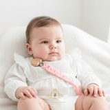 Crochet Macramé Baby Pacifier Clip-On Holder Wooden Heart-Shaped Pink
