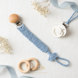 Crochet Macramé Pacifier Clip-On Holder Wooden Round Cornflower Blue