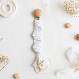 Crochet Macramé Baby Pacifier Clip-on Holder Wooden Round White