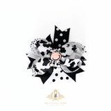 Girls Grosgrain Ribbon Clip-On Hair Bow Little Cow Charm & Polkadots Black & White 4" Inch