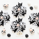 Girls Grosgrain Ribbon Clip-On Hair Bow Little Cow Charm & Polkadots Black & White 4" Inch