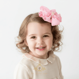 Girls Grosgrain Ribbon Clip-On Hair Bow Bubble Gum Pink with Pearl Beads 5" Large
