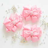 Girls Grosgrain Ribbon Clip-On Hair Bow Bubble Gum Pink with Pearl Beads 5" Large
