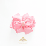 Girls Grosgrain Ribbon Clip-On Hair Bow Bubble Gum Pink with Pearl Beads 5" Large