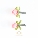 Girls Hair Clips Springtime Tulip Flowers Pink Green Clip-On Set of 2